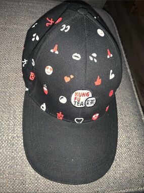 Black Baseball Cap with Red & White Icon Print